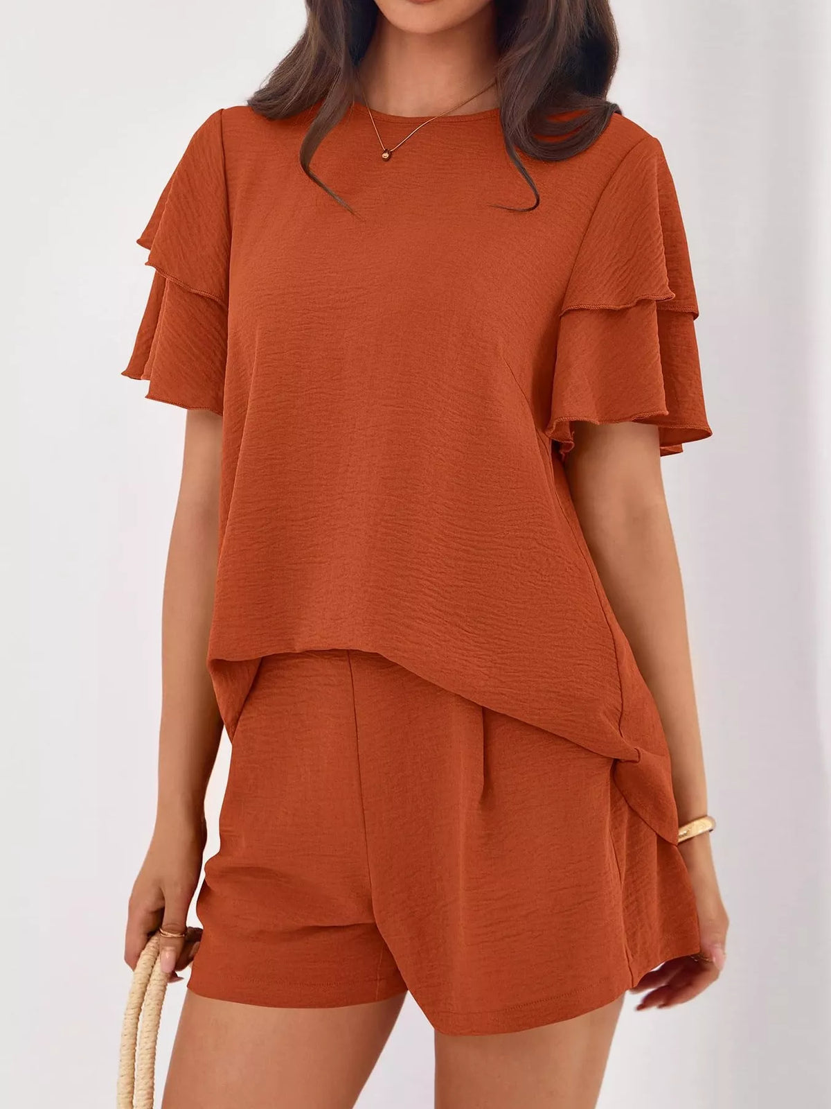 Ruffle Sleeve Top Shorts Two-piece Set