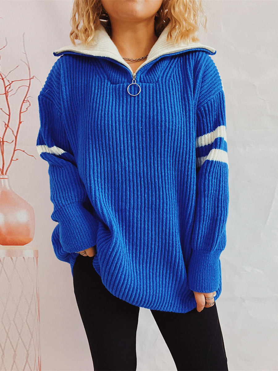 Ribbed Two-tone Half Zip Sweater