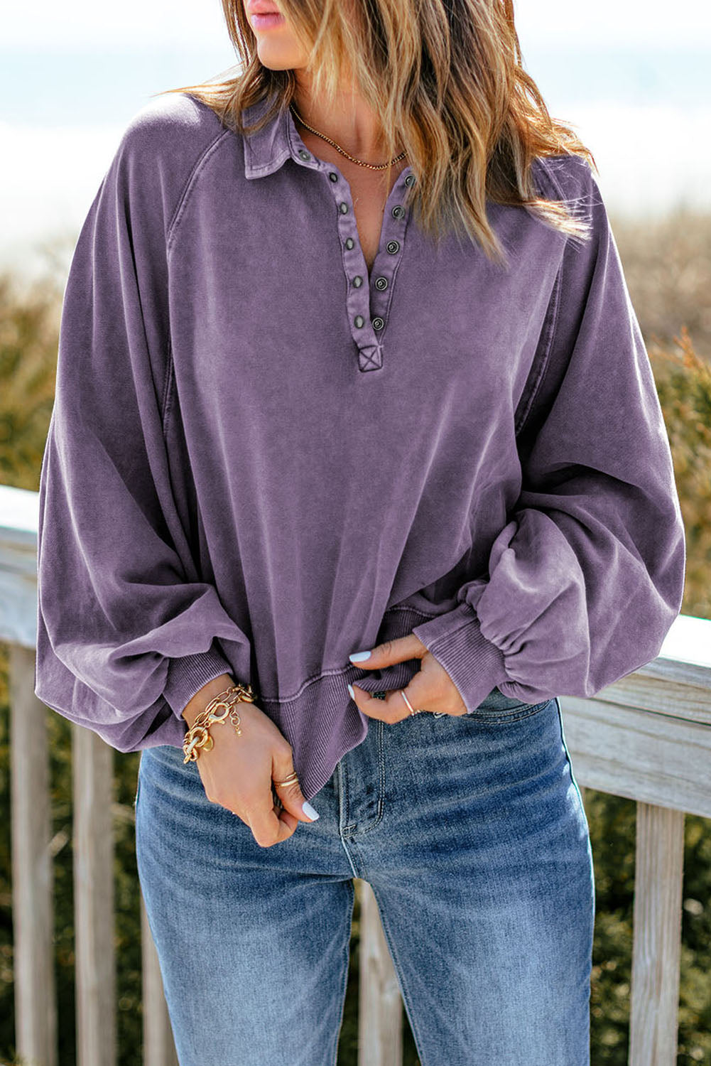 Quarter-snap Collared Lantern Sleeve Sweatshirt (4)