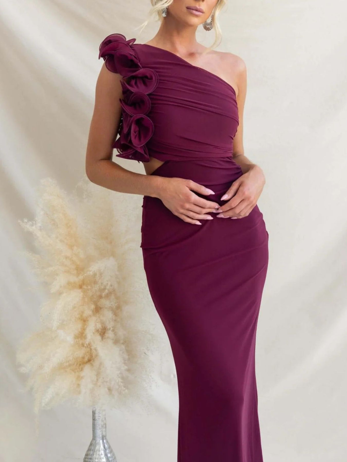 One-shoulder Floral Trim Sleeveless Maxi Dress (8)