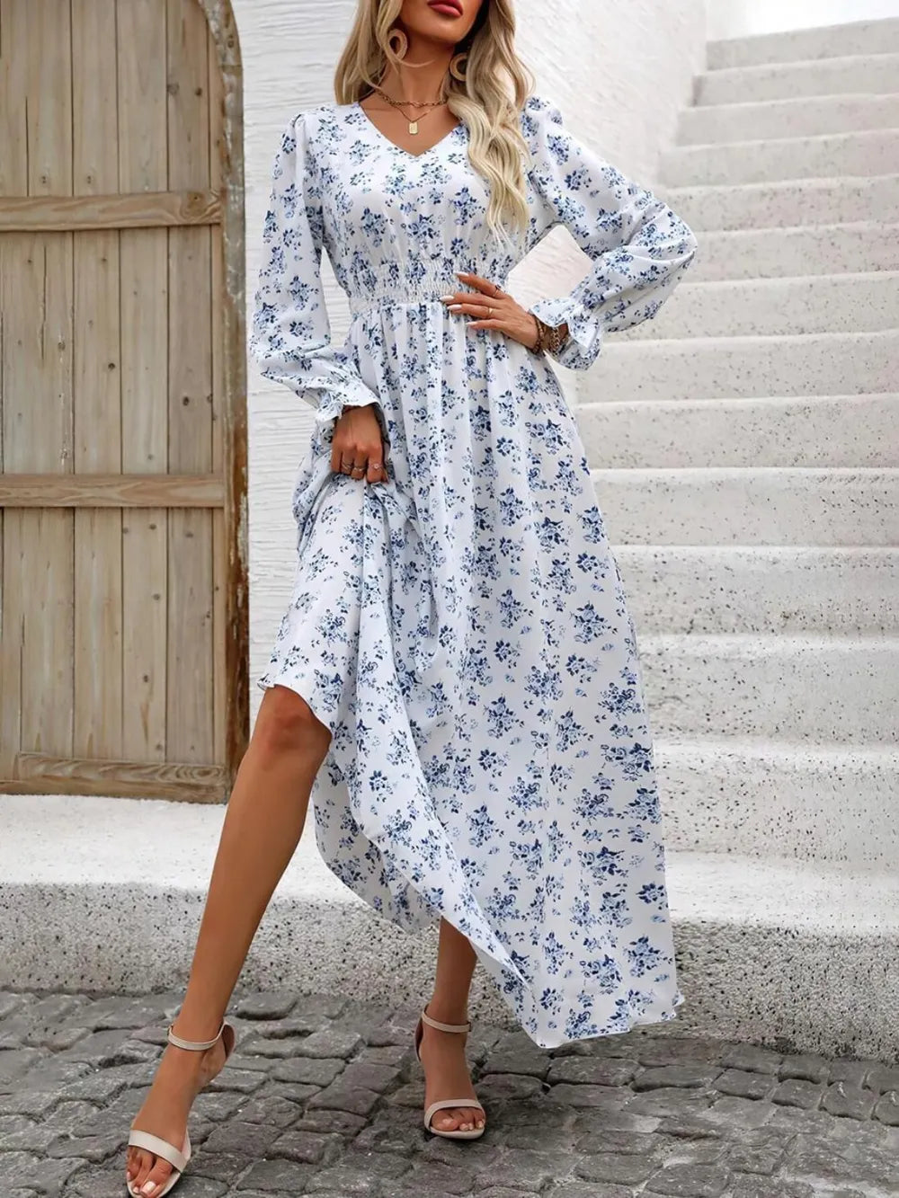 Smocked Printed V-neck Flounce Sleeve Dress (12)