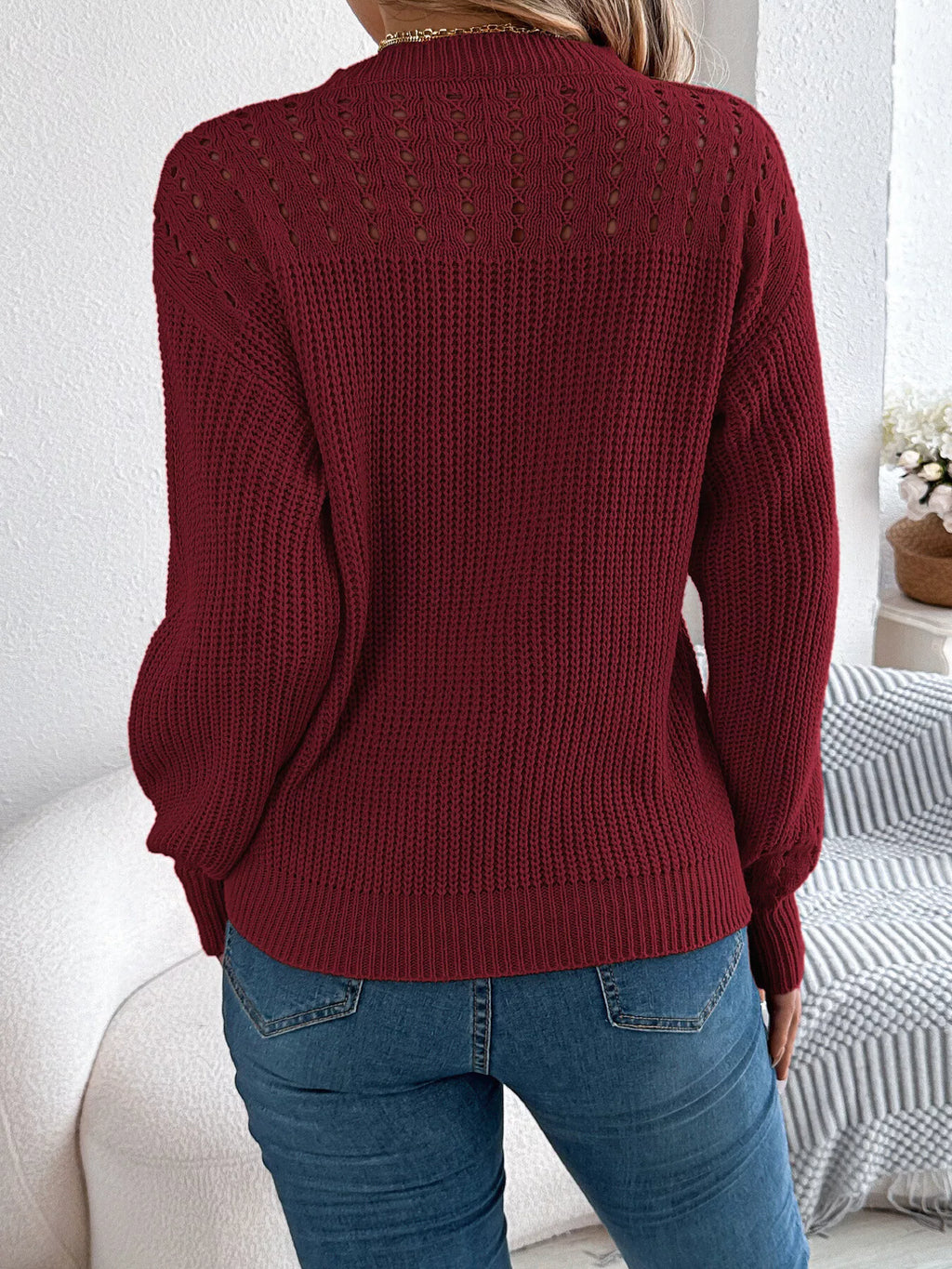 Openwork Round Neck Long Sleeve Sweater (2)