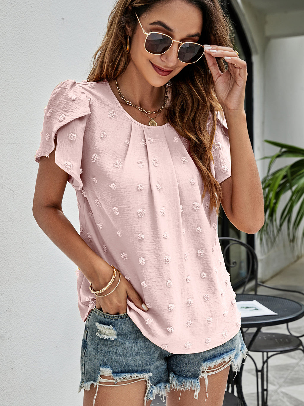 Swiss Dot Round Neck Petal Sleeve Top (5)