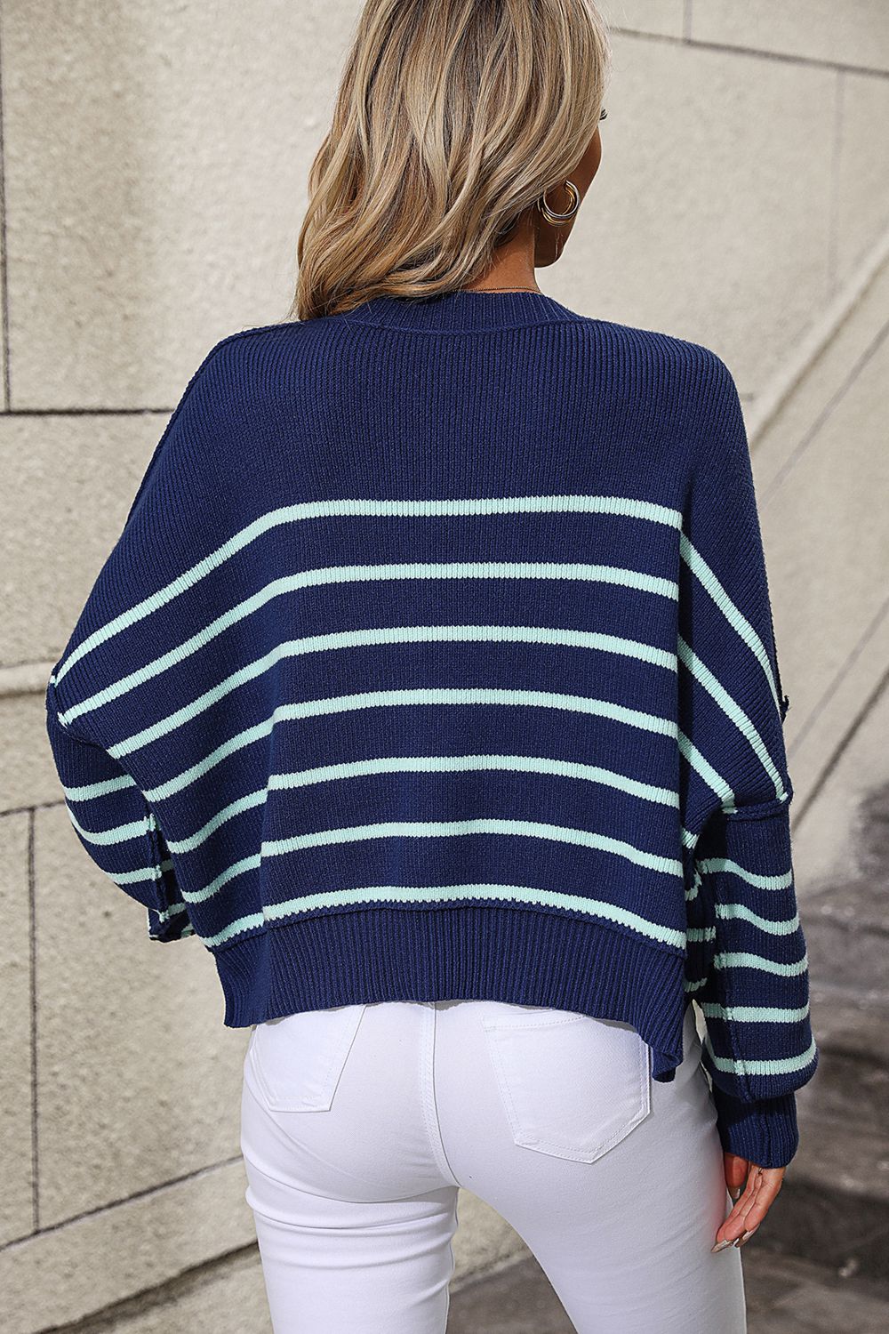 Striped Dropped Shoulder Round Neck Pullover Sweater (13)