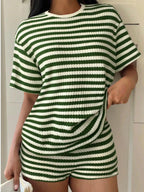 Striped Round Neck Top Shorts Set (18)