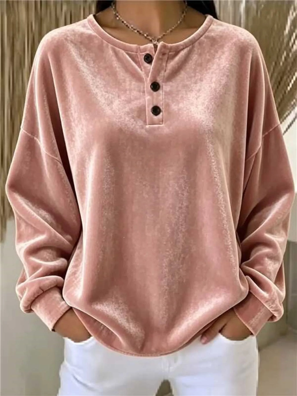 Velvet Henley Top Button Detail