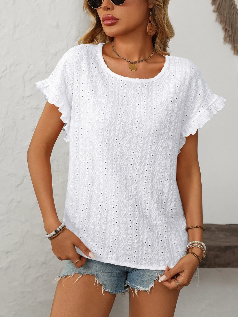 Eyelet Round Neck Short Sleeve Top (8)