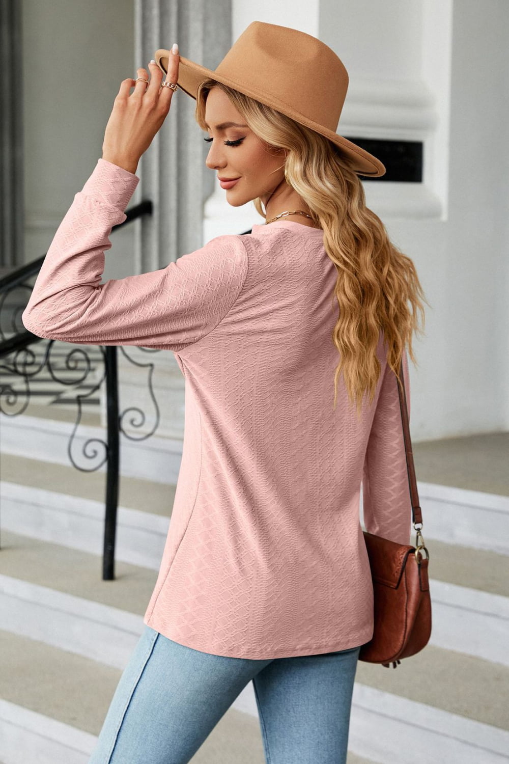 Notched Neck Long Sleeve Buttoned Blouse (2)