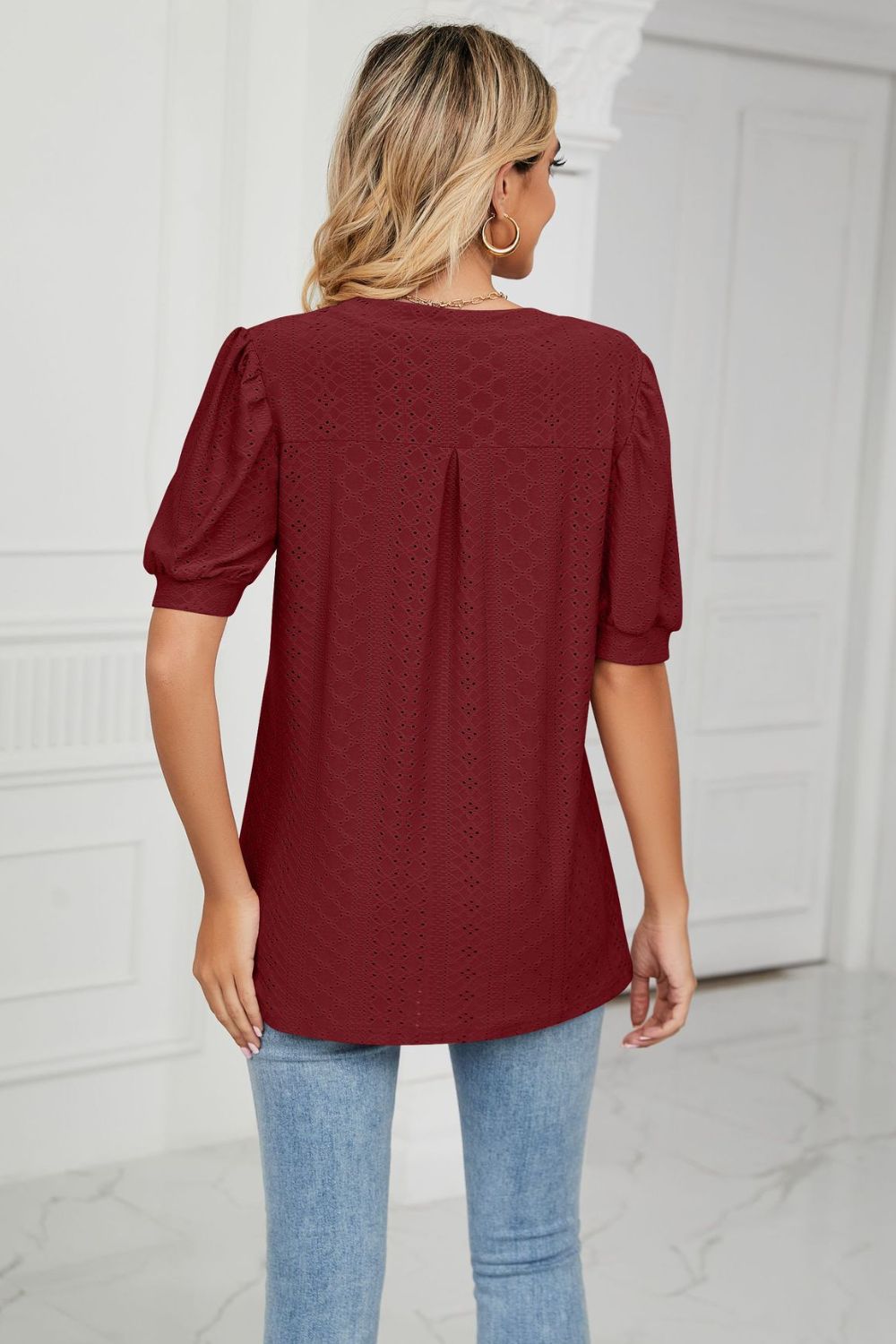 Eyelet Short Puff Sleeve Notched Neck Top (31)
