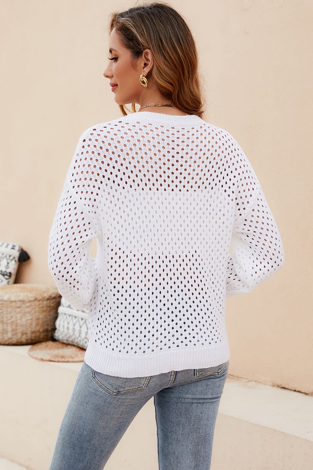 Round Neck Openwork Dropped Shoulder Knit Top (17)