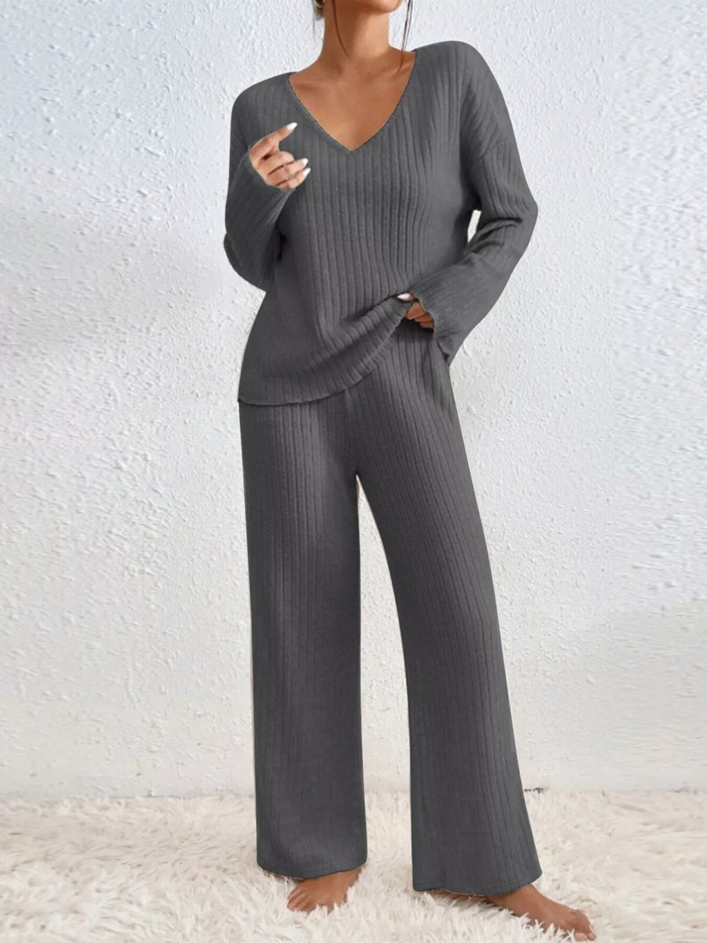 Ribbed V-neck Top Pants Set (11)