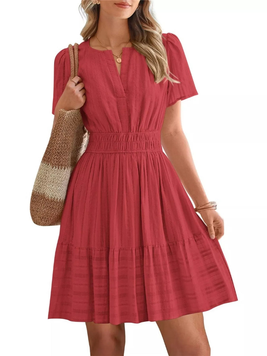 Short Sleeve Smocked Waist Tiered Dress (5)