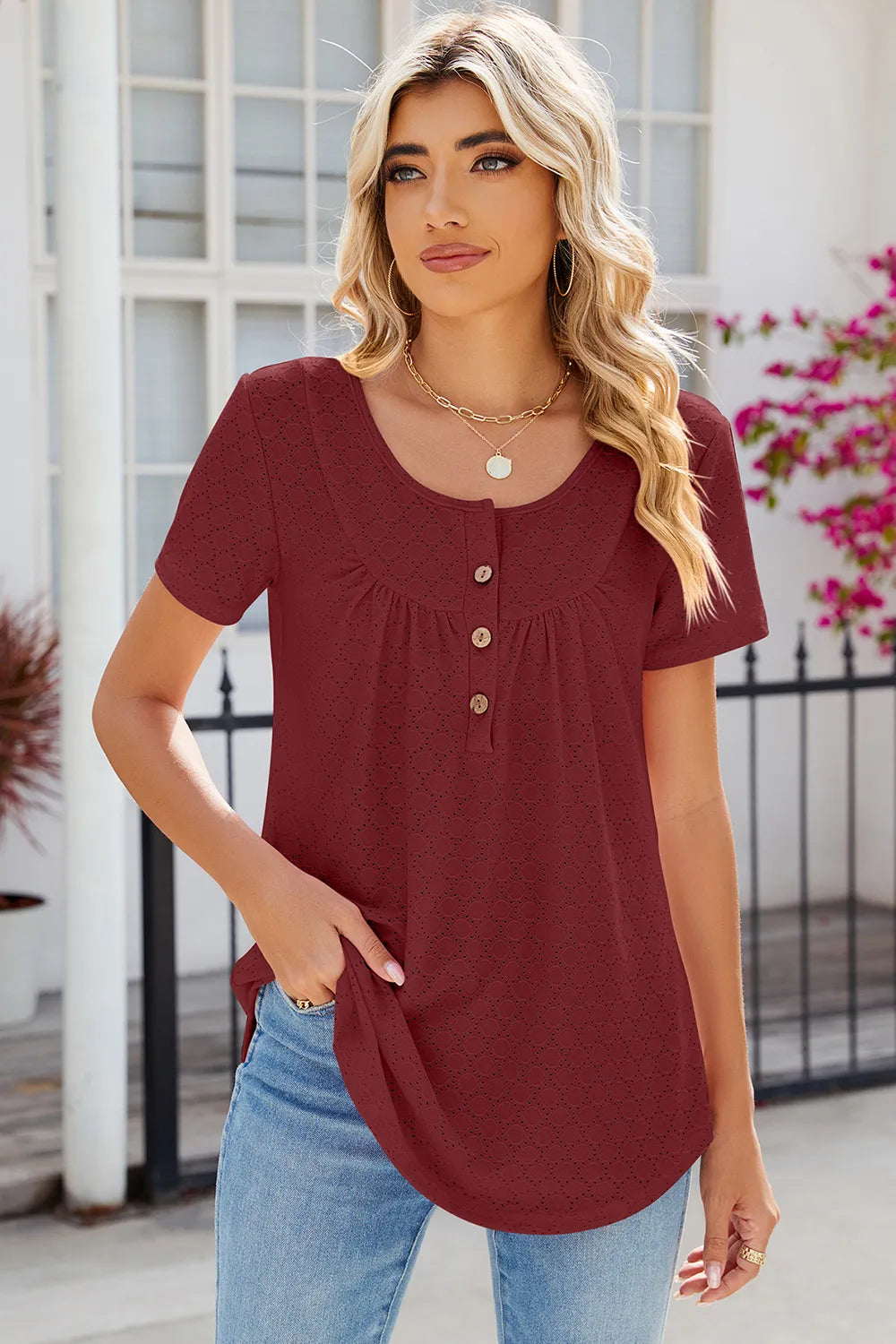 Eyelet Quarter Button Short Sleeve T-shirt (19)
