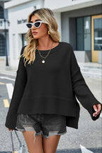 Round Neck Dropped Shoulder Slit Sweater (6)