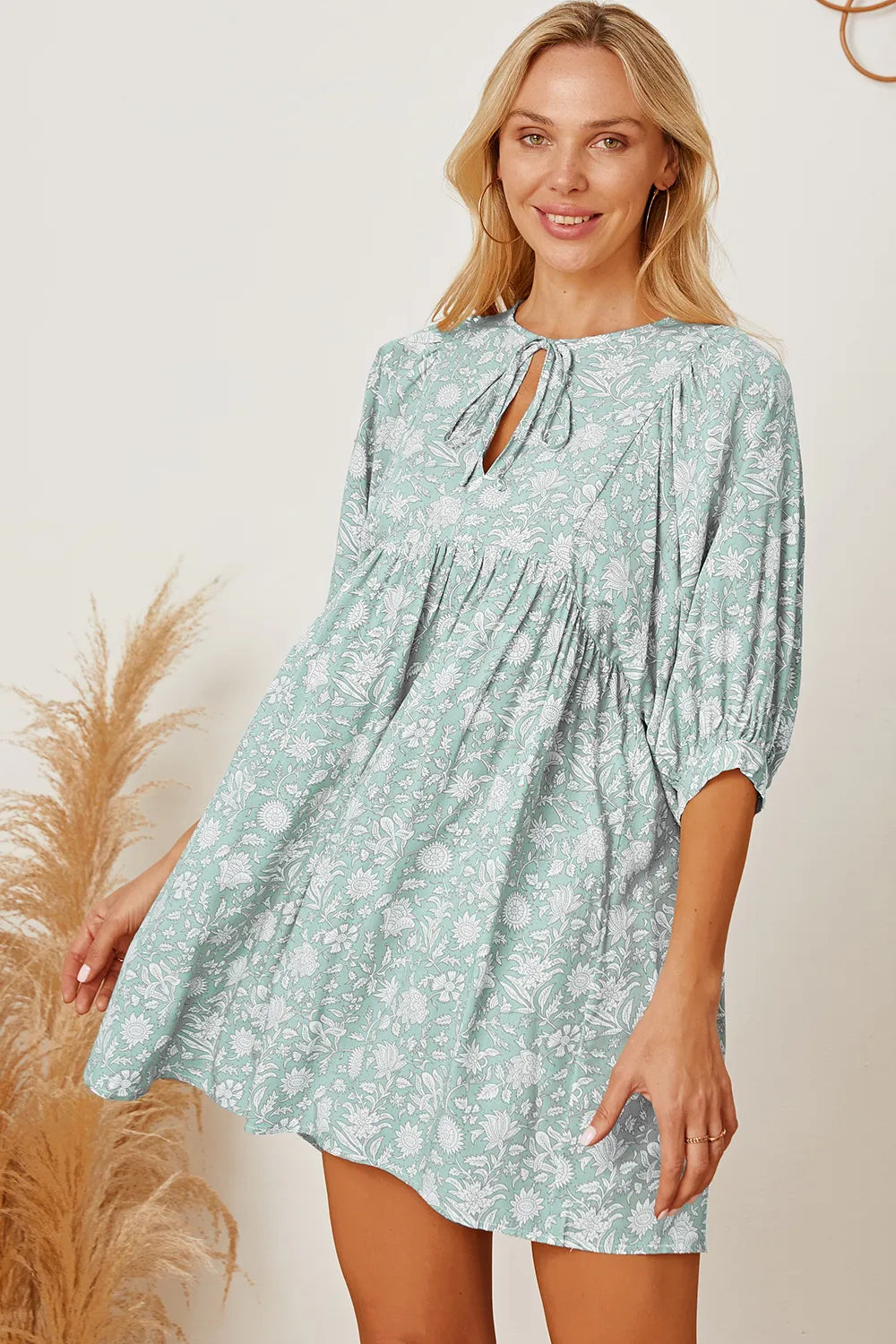 Floral Tie Neck Ruched Babydoll Dress (8)