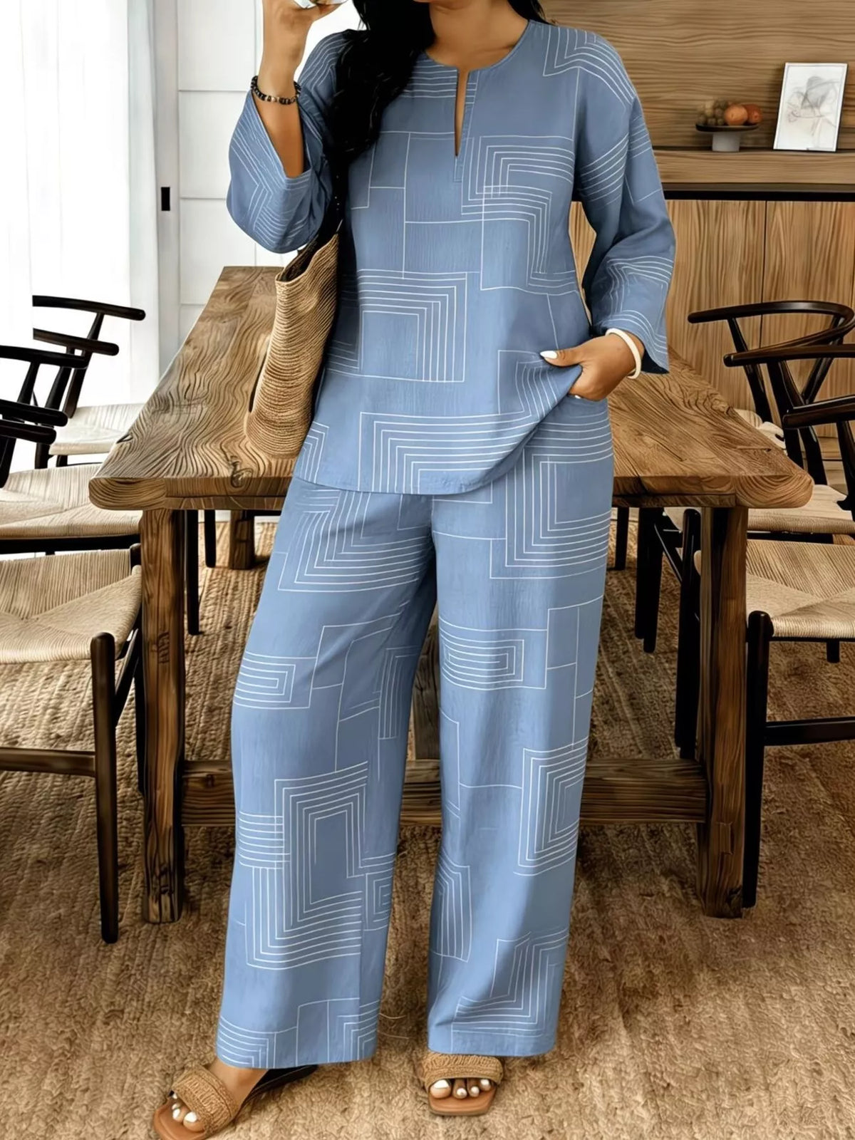 Geometric Print Relaxed Fit Top Pants Set