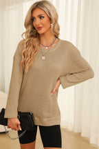 Waffle-knit Round Neck Long Sleeve Sweatshirt (20)