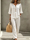 Full Size Decor Button Ruffled Top Wide-leg Pants Set Plus