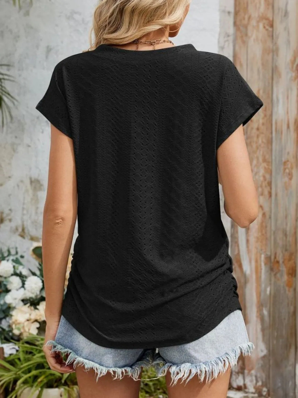 Eyelet V-neck Short Sleeve Top (31)
