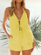 Tied Front Halter Neck Top Shorts Set (34)