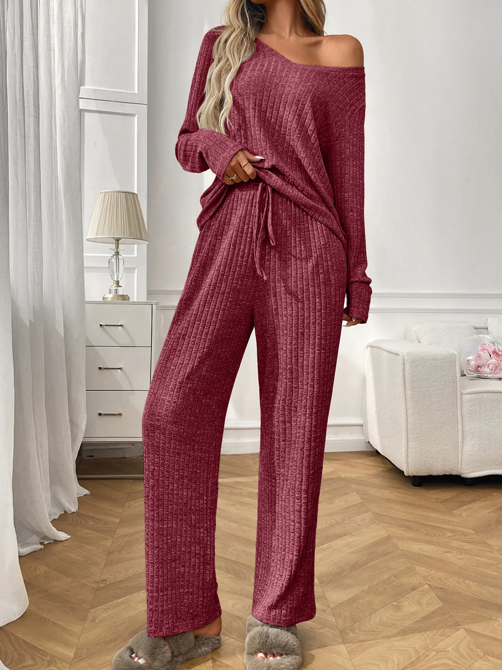 Ribbed Long Sleeve Top Pants Lounge Set (19)