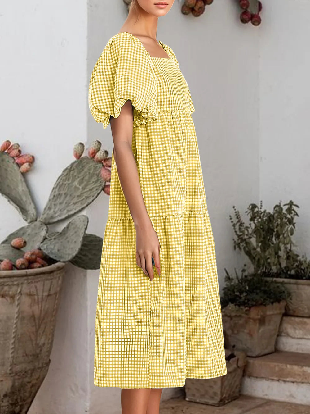 Plaid Square Neck Short Sleeve Dress (9)