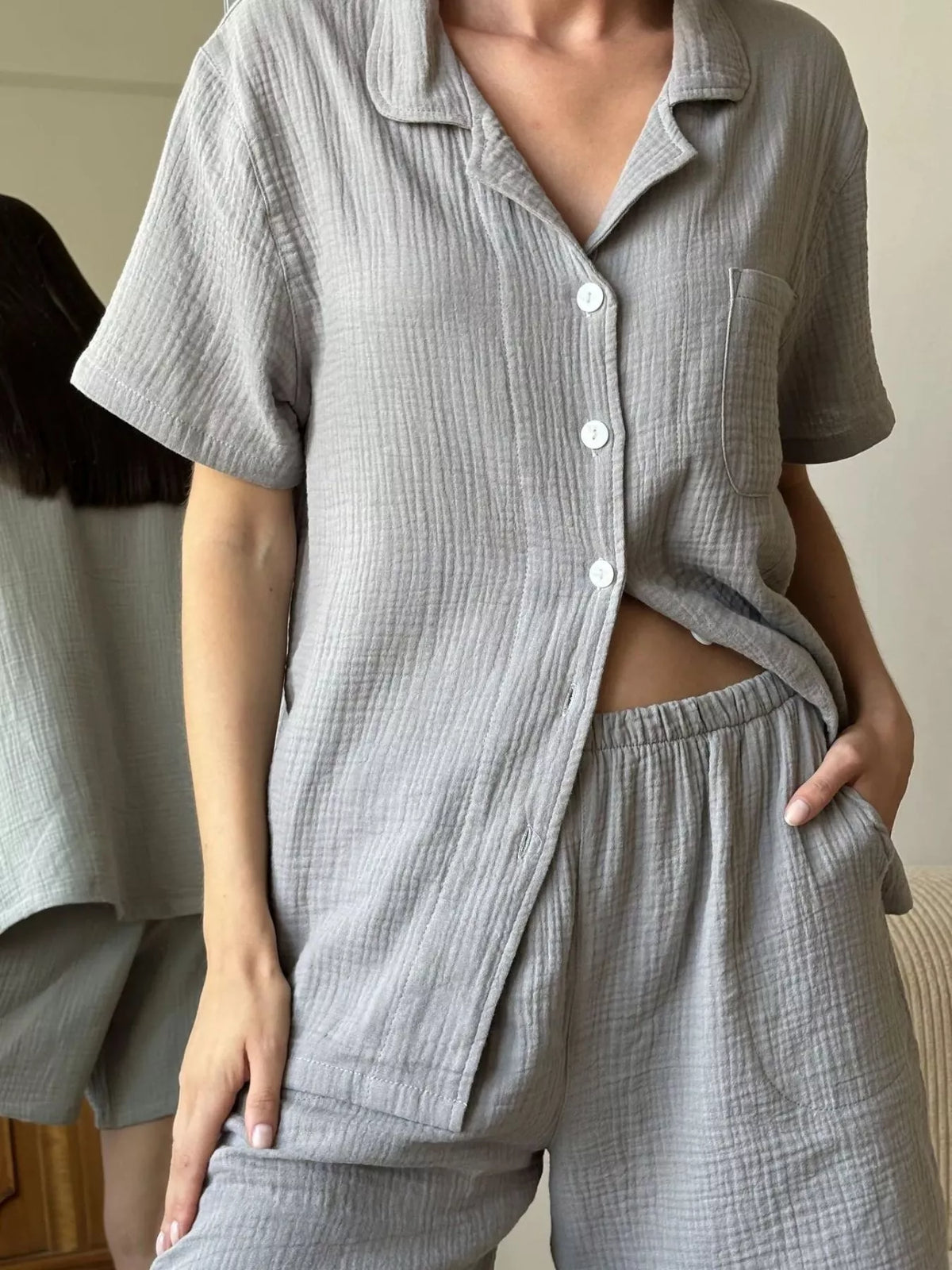 Button Up Short Sleeve Shirt Shorts Set (2)