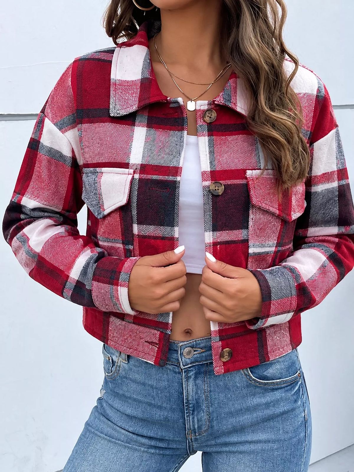 Plaid Button-front Cropped Jacket (48)