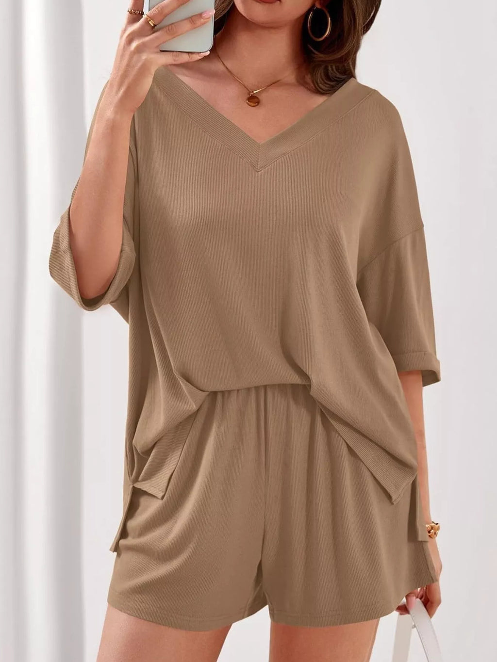 Casual Solid Color V-neck Top Shorts Set