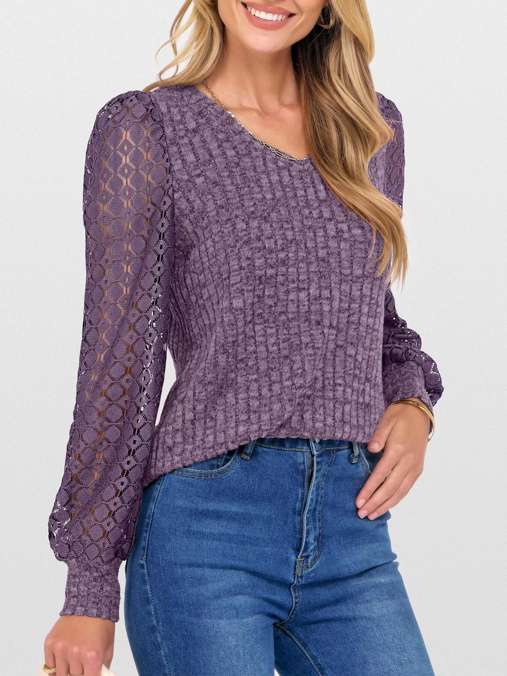 Lace Sleeve V-neck T-shirt (2)