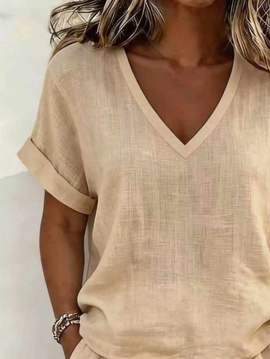 V-neck Linen Blend Short Sleeve Top Shorts Set (6)
