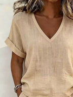 V-neck Linen Blend Short Sleeve Top Shorts Set (6)