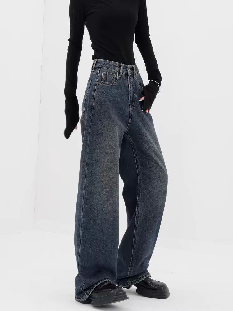 Retro Dark Blue Wide Leg Jeans Baggy Straight Trousers photo 10