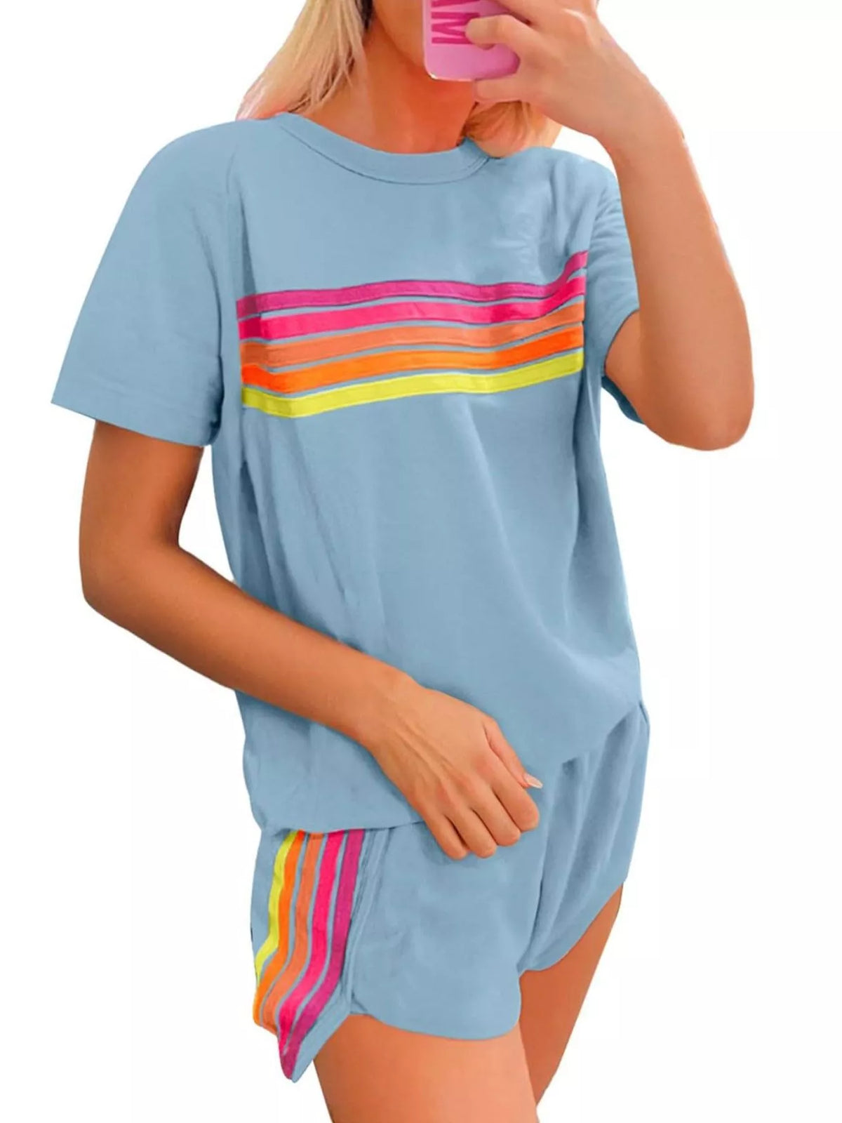 Rainbow Striped Round Neck Top Shorts Set (5)