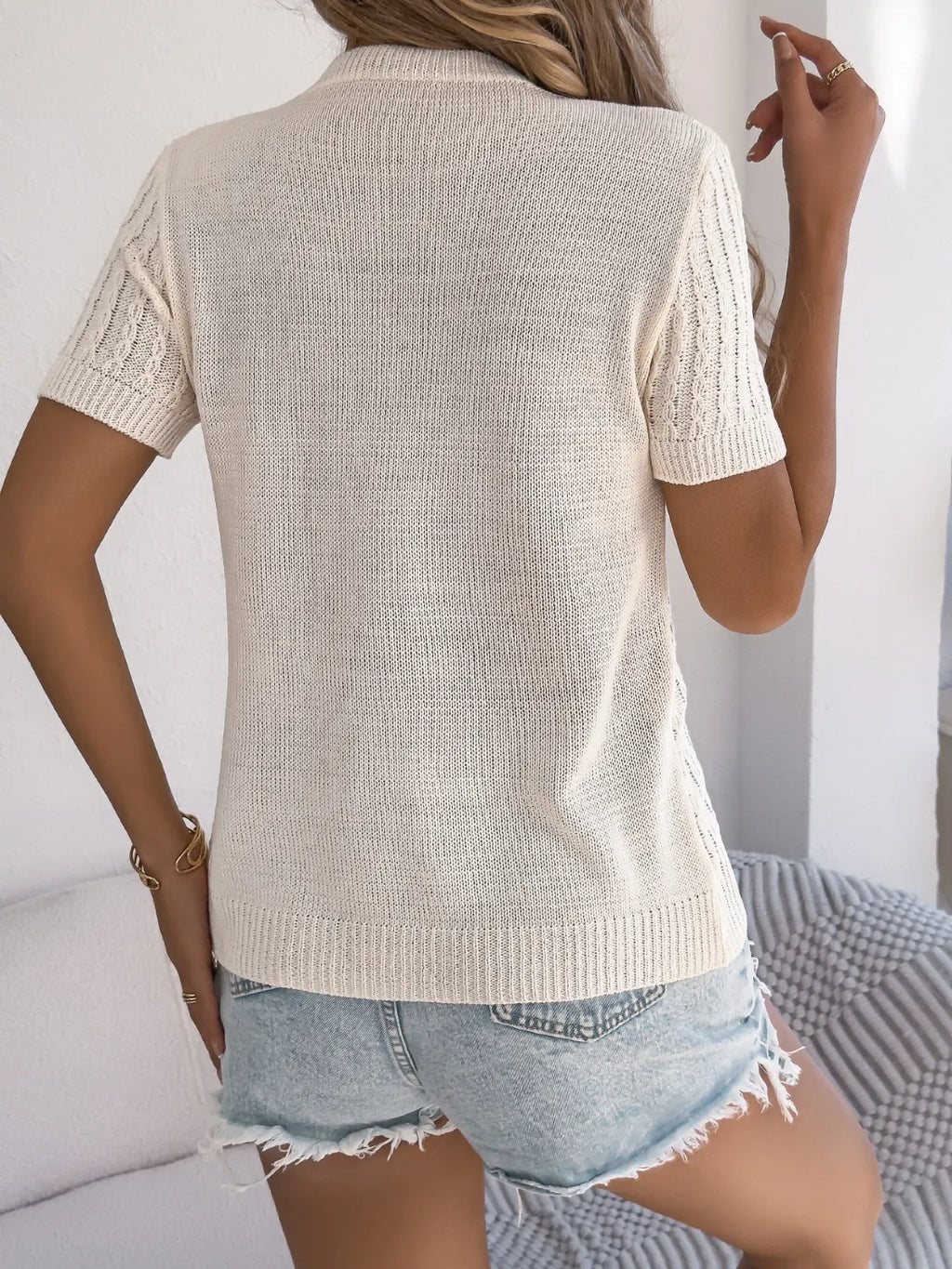 Cable Knit Button Down Short Sleeve Cardigan (2)