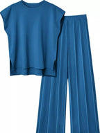 Casual Solid Color Cap Sleeve Top Pants Knit Set (4)