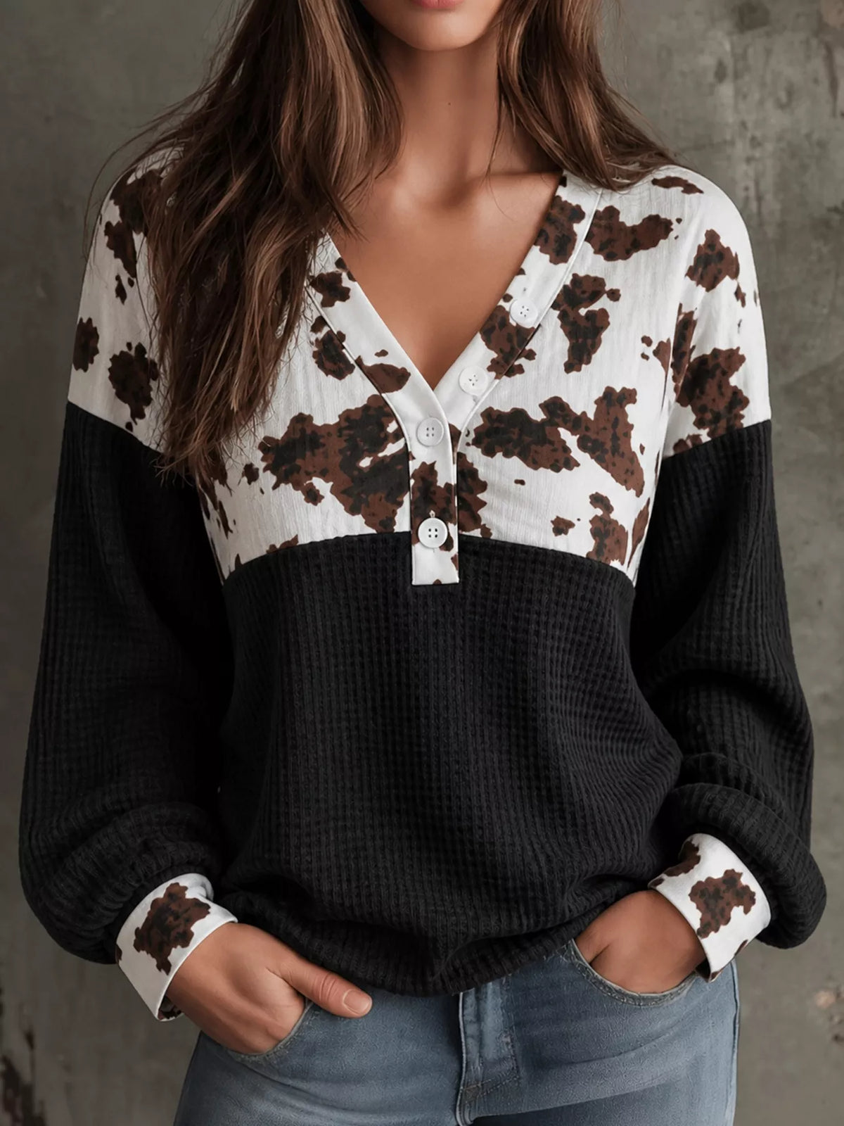 Cow Print Block Waffle Knit Blouse
