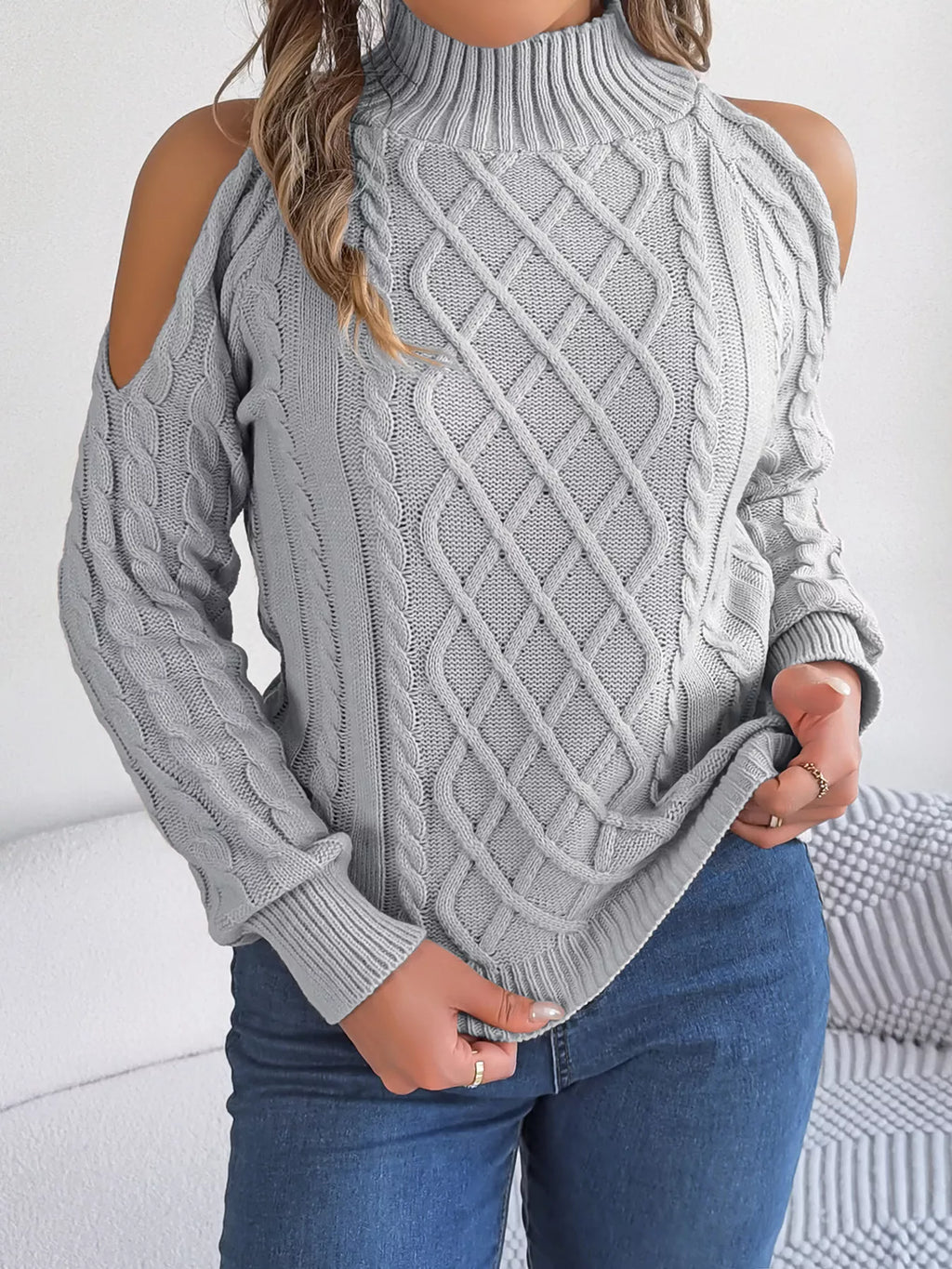 Cable Knit Cold Shoulder Turtleneck Sweater (25)