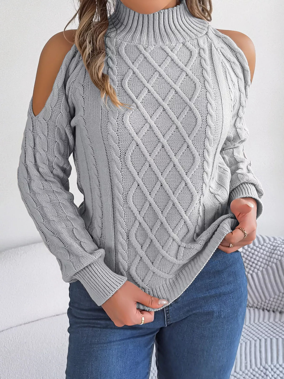Cable Knit Cold Shoulder Turtleneck Sweater (25)