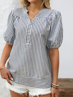 Striped Notched Puff Sleeve Blouse (6)