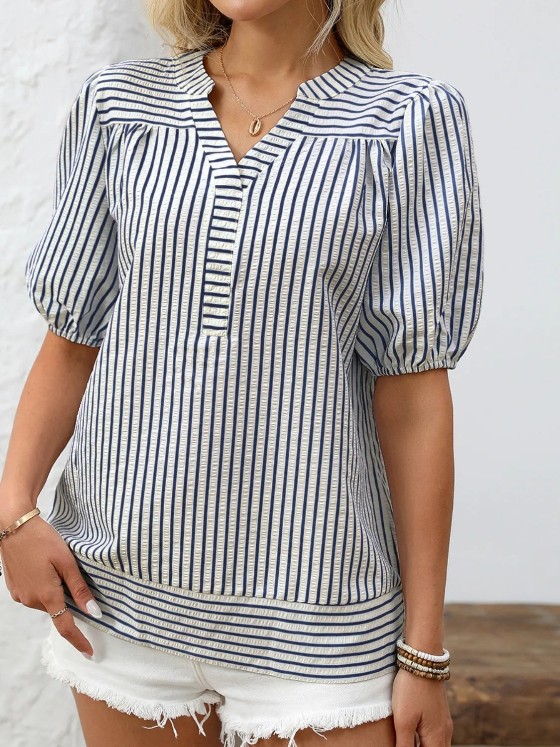 Striped Notched Puff Sleeve Blouse (6)