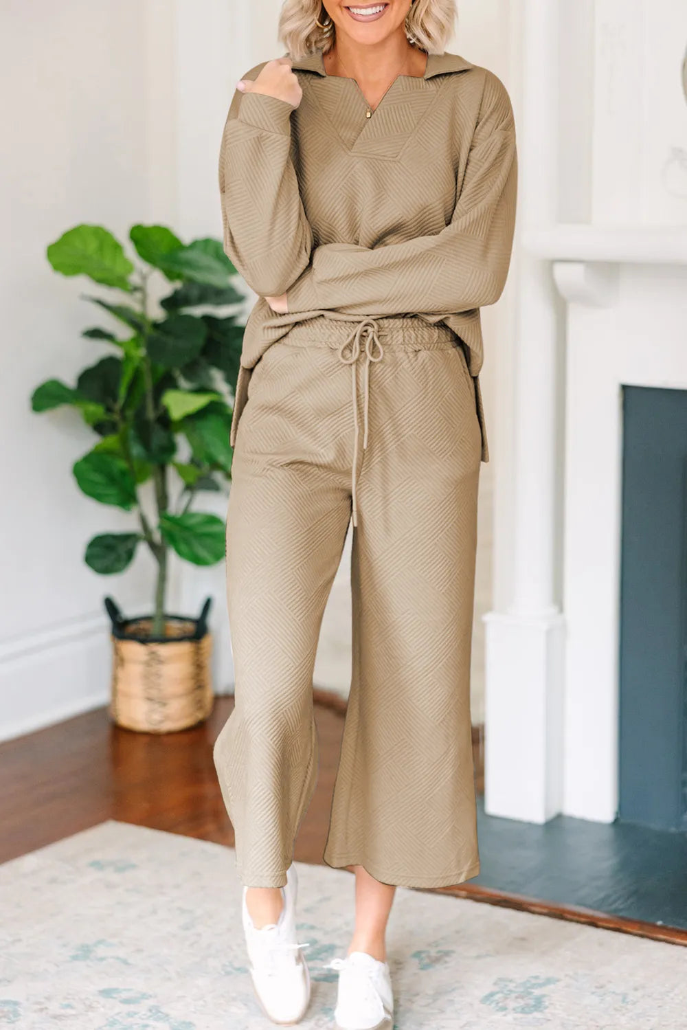 Textured Collared Neck Top Wide Leg Pants Set (9)