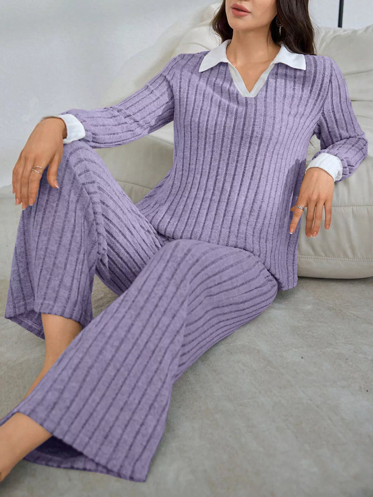 Ribbed Knit Polo Collar Top Pants Lounge Set (8)