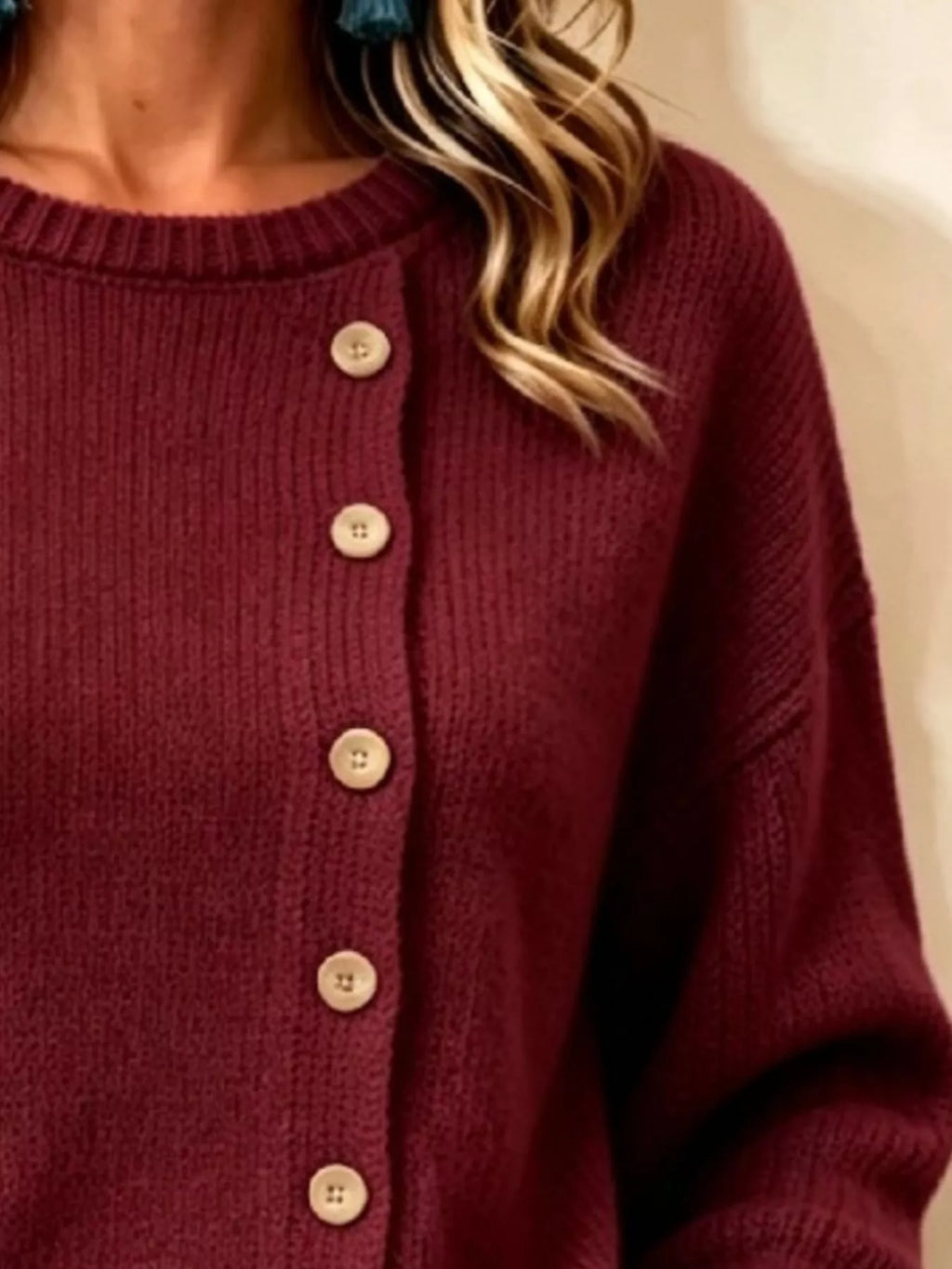 Decorative Button Round Neck Sweater (7)