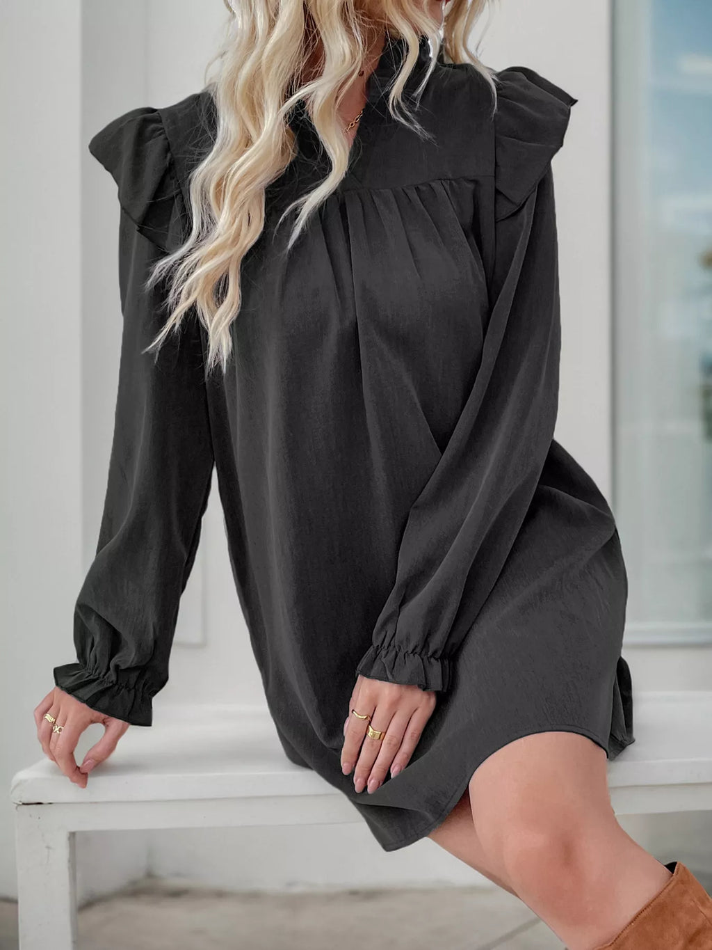 Ruffled Notched Flounce Sleeve Dress (4)