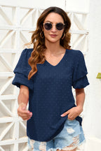 Swiss Dot V-neck Short Sleeve Blouse (3)