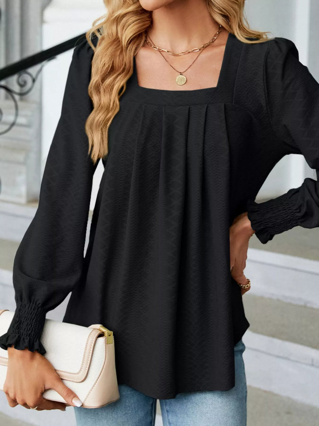Pleated Square Neck Long Sleeve Top (12)