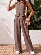 Button-down Vest Wide Leg Pants Set (15)
