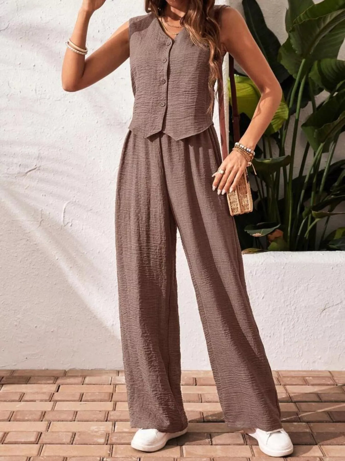 Button-down Vest Wide Leg Pants Set (15)
