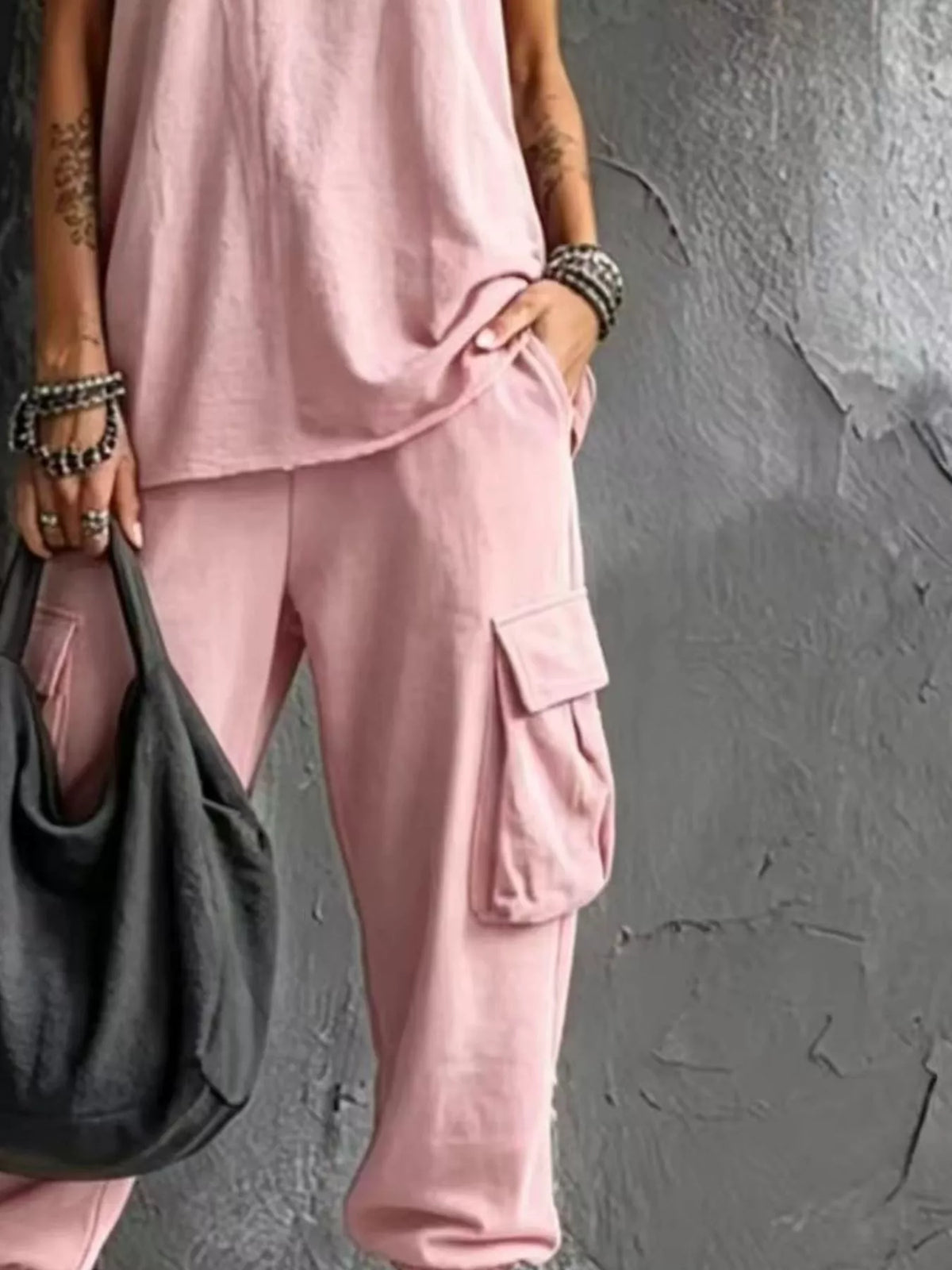 Full Size Casual Tank Cargo Pants Set Plus (6)